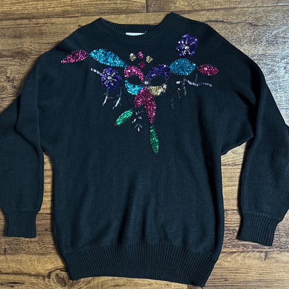 Marmie West • Vtg • 1980’s • Medium • Beaded/• Floral • Black • Sweater - Picture 2 of 10
